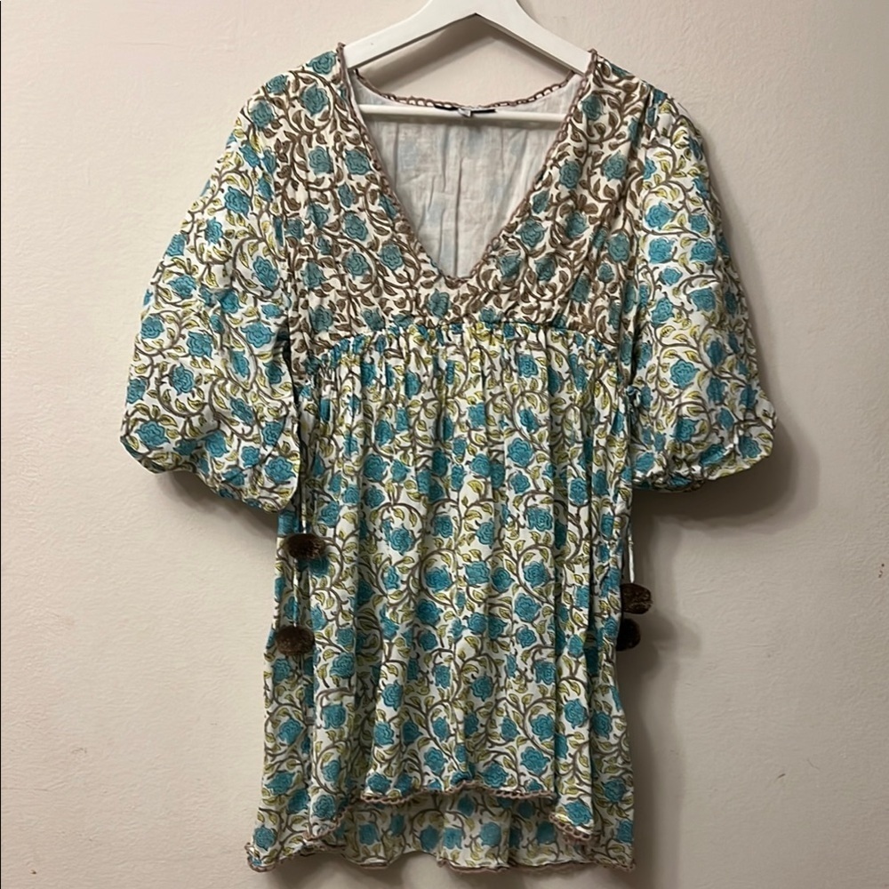 Chic Blue and Green Dress Blouse bell leaves 314